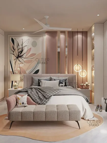 Whimsical wonders in pink. This bedroom uses a soft pink color palette, a beautiful floral art piece, and elegant lighting to create a space that is feminine, sophisticated, and serene.