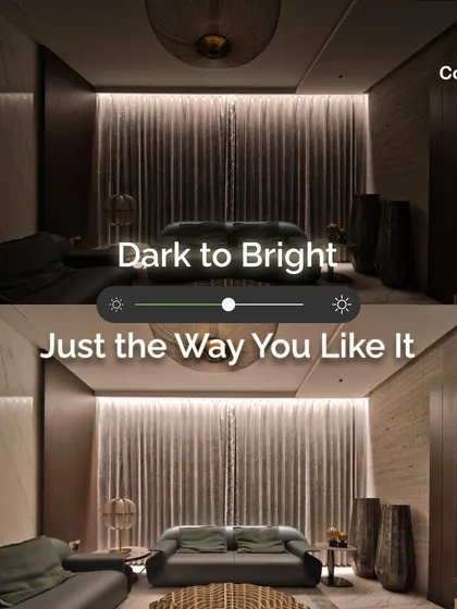 Experience the power of precision dimming. This image shows how we can transform a living room's atmosphere from dark and cozy to bright and welcoming with a simple adjustment. Our smart lighting systems provide full-range dimming control to match any mood or activity.