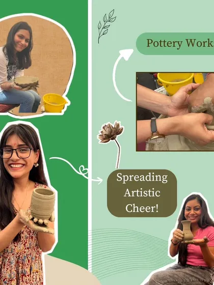 A collage of happy moments from our pottery sessions. Participants proudly display the vases, bowls, and cups they crafted themselves, showcasing the creativity that our workshops help unleash in everyone.