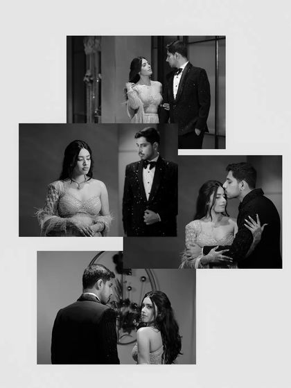 A black and white collage capturing multiple candid and posed moments from a couple's elegant cocktail party.