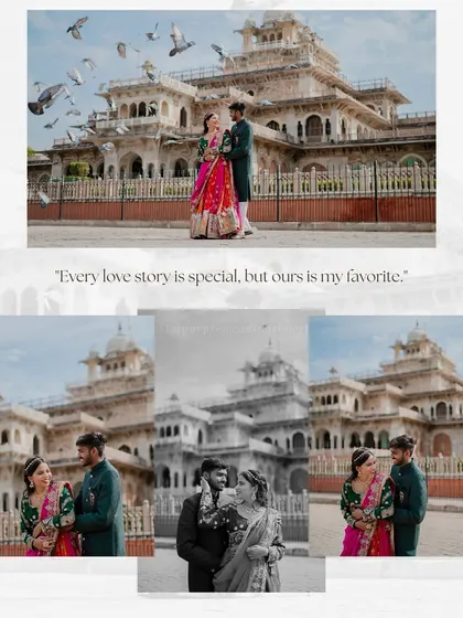 Shailesh and Rachita at Albert Hall Museum, with pigeons adding a touch of life and movement to their pre-wedding portraits.