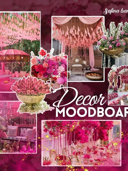 A decor mood board showcasing various pink-themed Indian wedding setups, from floral arrangements and seating to grand backdrops.