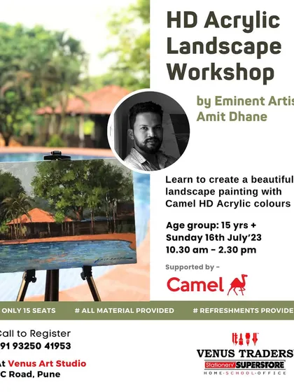 This is the poster for an HD Acrylic Landscape Workshop I conducted in Pune, supported by Camel. These workshops are designed for small groups to ensure personal attention.