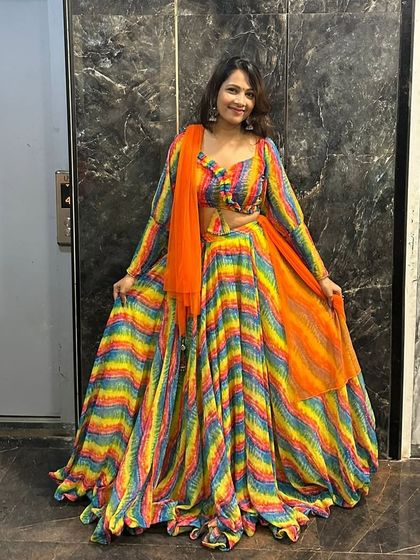 Another happy client rocking the carnival lehenga for a Navratri event, but it's just as perfect for a Sangeet party. The colours are simply stunning.