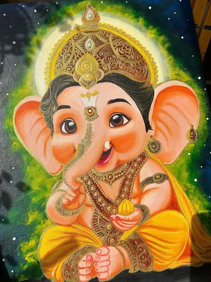 This acrylic painting of Baal Ganesha is all about capturing his sweet, innocent nature. I focused on his expressive eyes and the intricate details of his crown against a celestial background. This artwork is designed to bring blessings and remove obstacles from your path.