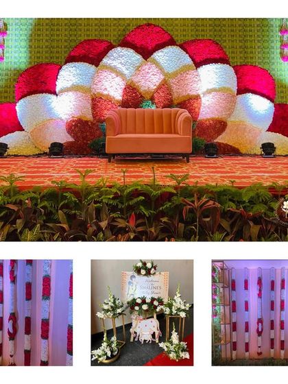 A unique floral backdrop designed in a shell or petal-like pattern using red, pink, and white flowers. This artistic stage is perfect for couples looking for a creative and memorable design.