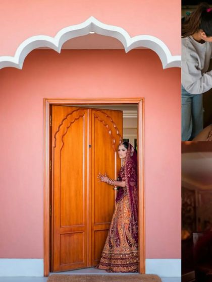 A collage from a Jaipur wedding, showing the bride peeking out a door and other getting ready moments, all set against beautiful Rajasthani architecture.