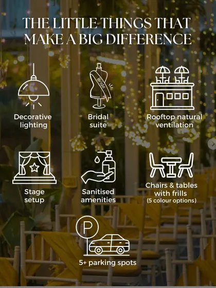 It's the little things that make a big difference. This highlights the essential amenities I provide, including decorative lighting, a private bridal suite, stage setup, and ample parking, ensuring your event runs smoothly.