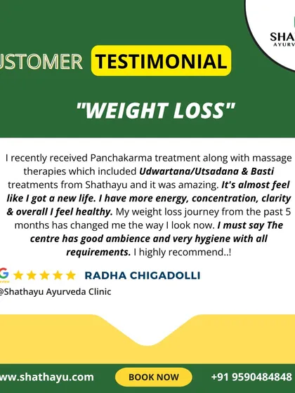 This client describes her 5-month weight loss journey with Panchakarma and massage therapies like Udwartana as getting a new life. She highlights feeling more energy, concentration, and overall health, along with the centre's good ambiance and hygiene.