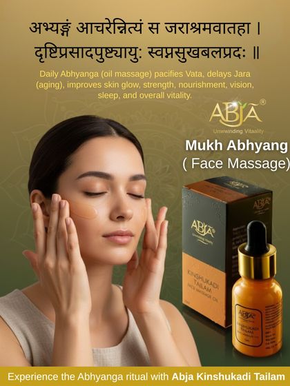 This image explains the ancient wisdom behind Mukh Abhyanga, or facial massage. The Sanskrit shloka states that daily oil massage pacifies Vata, delays aging (Jara), and improves skin glow. My Kinshukadi Tailam is specifically designed for this ritual to enhance nourishment, vision, and overall vitality.