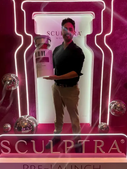 This photo was taken at the Sculptra GAIN by Galderma event, where I attended to learn about the latest advancements in collagen biostimulation. Continuous learning is key to providing science-backed skin rejuvenation.