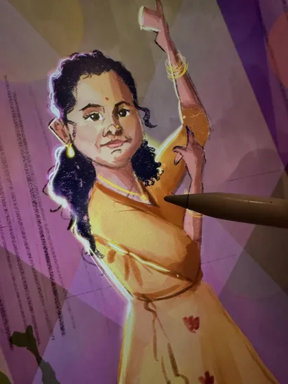 A close-up of a digital caricature in progress, showing the expressive lines and lighting on the subject's face.
