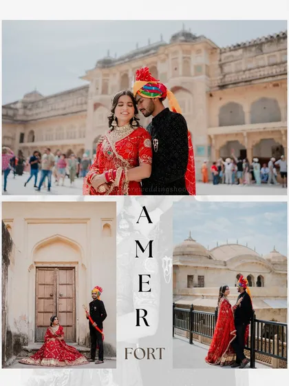 A collage from Shailesh and Rachita's shoot at Amer Fort, featuring them in traditional Rajasthani attire with a colorful turban and sword prop for a complete royal look.