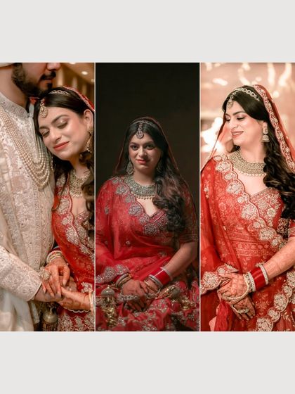A collage of the bride, Payal, in her stunning red lehenga, capturing her from different angles and highlighting her beauty and the details of her outfit.