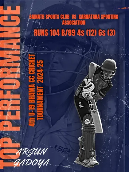 A powerful century from Arjun Gadoya, smashing 104 runs off just 89 balls in the U-19 Bhama CC Cricket Tournament.