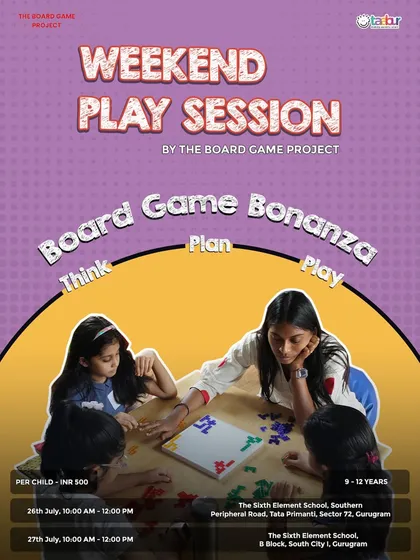 A poster for the Weekend Play Session by The Board Game Project, highlighting two different locations for your convenience.