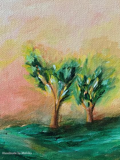 A small acrylic painting on canvas titled 'July'. It depicts two trees against a hazy, warm sunset. The impressionistic style and vibrant colors capture the feeling of a warm summer evening.
