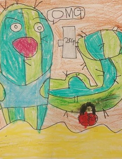 OMG. This cactus is shocked by its own strength. We teach students to use speech bubbles and lettering to add another layer to their cartoons.