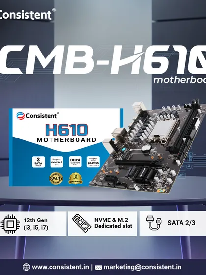 Build a modern and powerful system with our CMB-H610 motherboard. It provides a stable foundation for 12th Generation Intel Core processors, supports fast DDR4 RAM, and includes dedicated NVMe M.2 slots for future-proof storage upgrades.