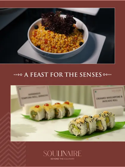 A collage featuring a feast for the senses with corn salad and sushi rolls. We cater to diverse corporate palates with our innovative menu design.