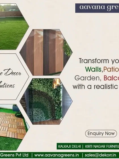 We provide complete home decor solutions to transform your walls, patio, garden, or balcony. This collage shows how different elements like grass, wood panels, and vertical gardens can come together for a realistic and beautiful look.