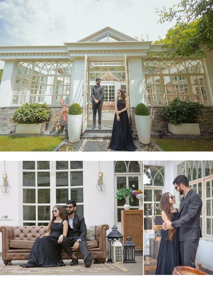 This collage showcases a variety of poses from a stylish pre-wedding shoot at a beautiful glasshouse venue, from formal portraits to relaxed, candid moments.