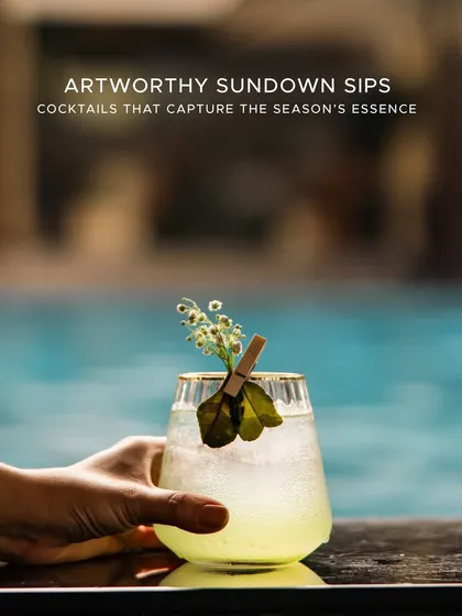 Experience the art of mixology at our poolside bar, Asri. This artfully garnished cocktail is a perfect example of our garden-to-glass philosophy, using fresh, seasonal ingredients to create sundown sips that are as beautiful as they are refreshing.