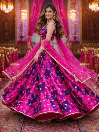 The twirl shot shows the beautiful flare and movement of the lehenga skirt, making it an ideal choice for a dance-filled sangeet night.
