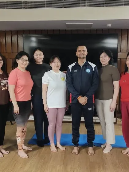 Posing with our wonderful group of students from Mongolia and Hong Kong during a Teacher Training Course in Noida. Our programs attract a diverse, multicultural community of aspiring yogis from across the globe.