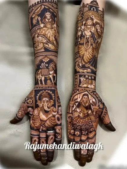 Many brides want to include divine blessings in their mehendi. In this design, I have created portraits of Lord Ganesha for a good start, Radha Krishna for love, and the bride herself, surrounded by traditional motifs.