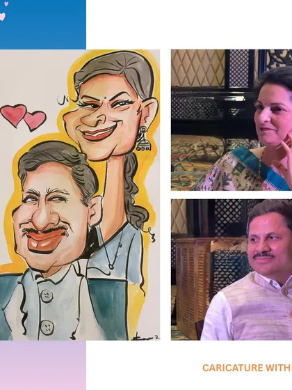 From reality to caricature, capturing a couple's love in the most fun way possible. This side-by-side shows the real people and the artistic interpretation.