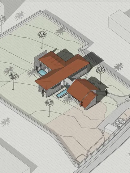 An isometric view of a farmhouse concept, showing how the building is placed on the site to work with the natural contours.