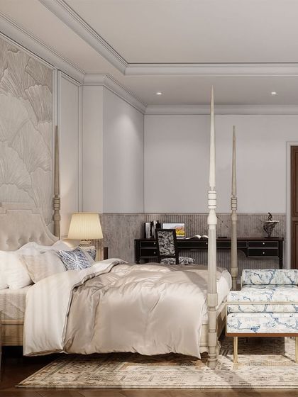 For a client's home away from home, I created a bedroom with old-world charm, using period features like wainscoting and a stunning parquet floor. I paired these with a dreamy distressed oak four-poster bed and a mid-century writing desk.