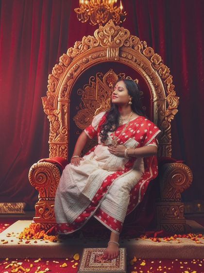 The second shot from our Durga-inspired series, this portrait deepens the storytelling, highlighting her serene power amidst the grandeur of the setup.