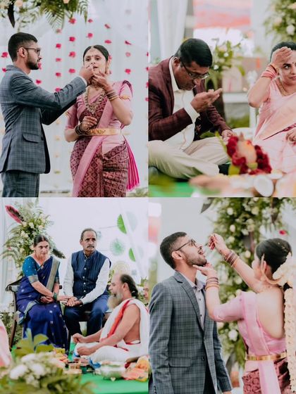 A collage of candid moments from a ring ceremony, including the couple feeding each other sweets and receiving blessings.