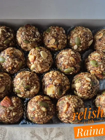 My Weight Loss Laddoos or Protein Laddoos are made without ghee. They are energy balls made with oats, nuts, seeds, and dates for sweetness.