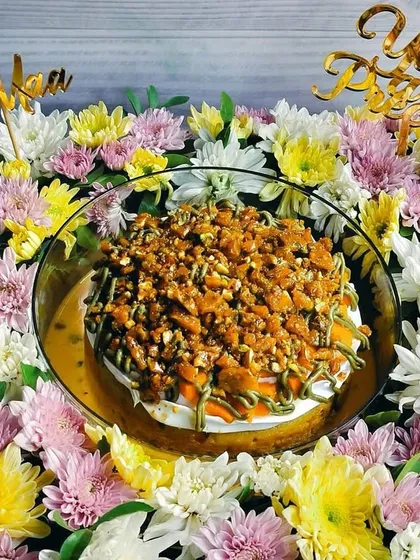 Show her she's precious with this grand Mother's Day hamper. It features my decadent Mango Pistachio Tres Leches, crowned with pistachio praline and framed by elegant blooms.