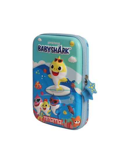A 'Baby Shark' themed kids' pencil box, shot at an angle on a white background.