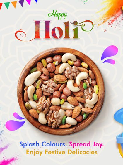 Splash colors, spread joy, and enjoy festive delicacies this Holi. A bowl of my premium mixed nuts is a healthy and delicious addition to any Holi celebration.