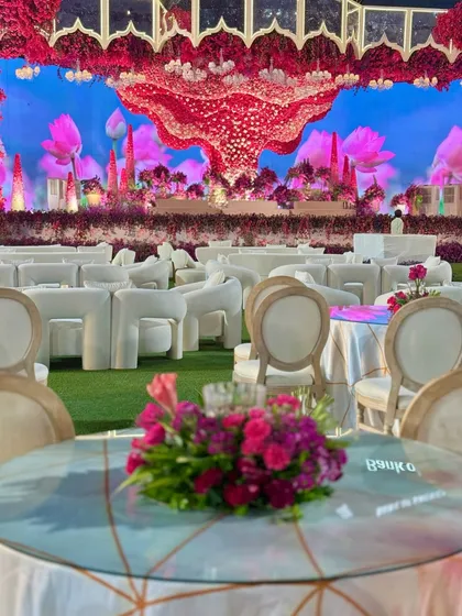 Another perspective of the grand stage, showing the comfortable white lounge seating arranged for guests to enjoy the spectacular view.