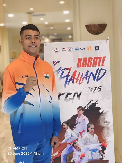 Harshit Pandey posing with confidence before competing at the Thailand Open Karate Championship in Bangkok.