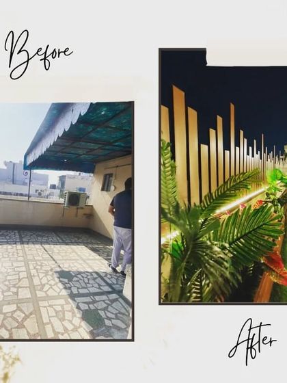 A before and after collage showing the transformation of a plain tiled terrace into a vibrant green space with unique lighting and a checkered feature wall.