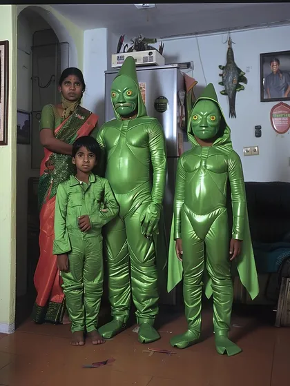 The 'Deception ‘97' series continues with a family dressed in green alien costumes. The mundane living room setting contrasts sharply with their bizarre appearance.