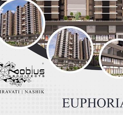 A design board for the 'Euphoria CHS' residential scheme in Kharghar. This graphic highlights key exterior views, emphasizing the clean, modern facade and the integration of the towers with ground-level commercial spaces.