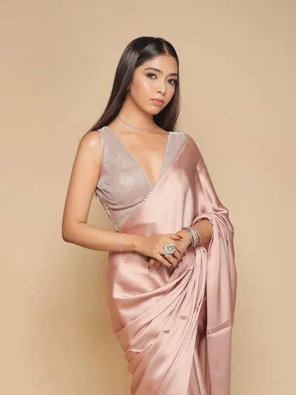 A final, confident pose from the saree collection, completing a comprehensive set for an e-commerce catalogue.