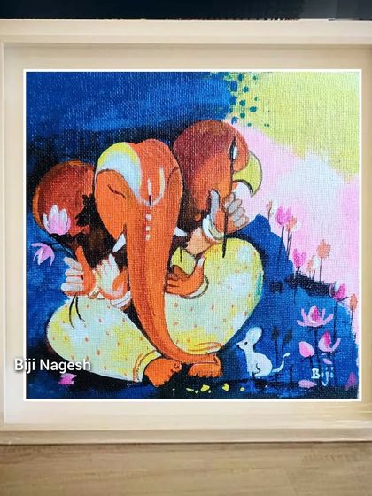'Kamala Ganesha' is a tiny 6x6 inch acrylic painting. These small, affordable artworks are perfect for gifting or for adding a touch of divinity to your desk or a small nook. This piece has already been sold.