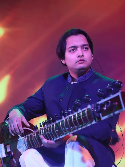 A shot of me on stage during the 'Ideas of India' panel discussion and performance.
