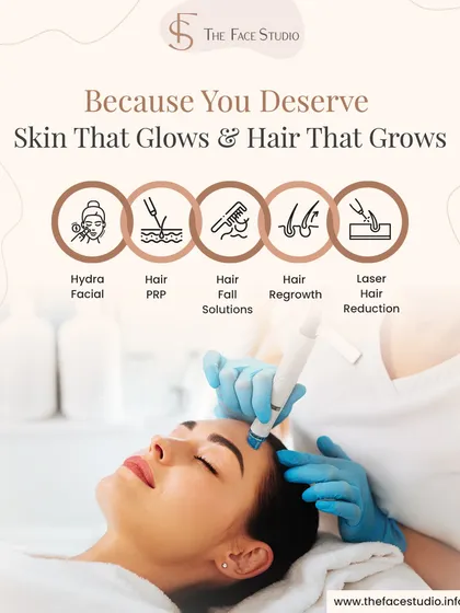 You deserve skin that glows and hair that grows. This graphic showcases the range of services I offer, including HydraFacial, PRP for hair, hair fall solutions, and laser hair reduction.