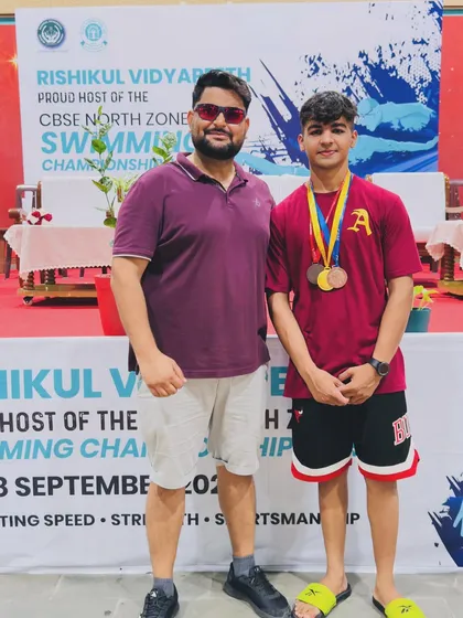 Yatharth Thakran proudly displaying his first gold medal from the CBSE North Zone games. He dropped an incredible 5 seconds in 50-meter events within just 5 months of joining my academy.