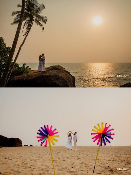 A creative collage combining an epic sunset silhouette on a cliff with a playful shot of the couple dancing between colorful pinwheels on the beach, showing both romance and fun.
